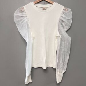 Dolan Anthropologie Sheer Puff Sleeve Ribbed Top Size Medium Off White